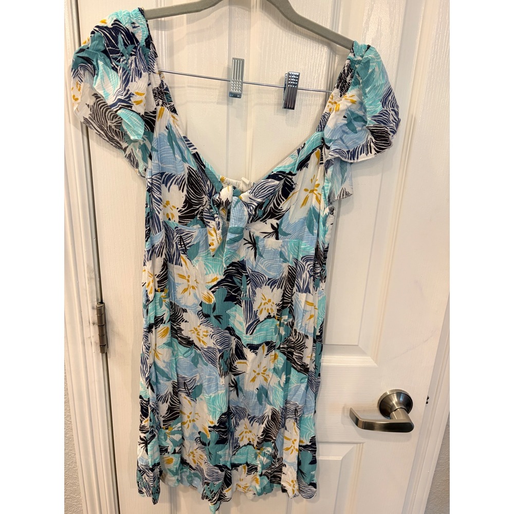 Roxy Mini Dress Blue Tropical Floral Tie Front Smocked Back Summer Sun Dress